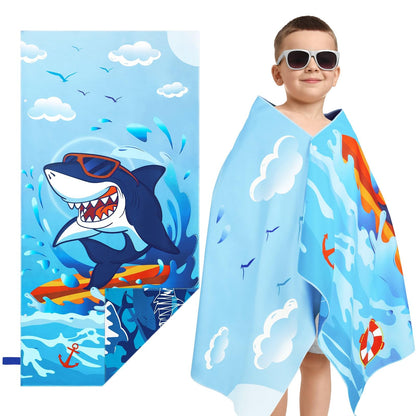 WERNNSAI Shark Kids Beach Towel for Boys, 30”x 60” Microfiber Double-Sided Beach Towel for Kids Quick Dry Sand Free Pool Towel Personalized Toddler Beach Towel Travel Swim Camping Towel