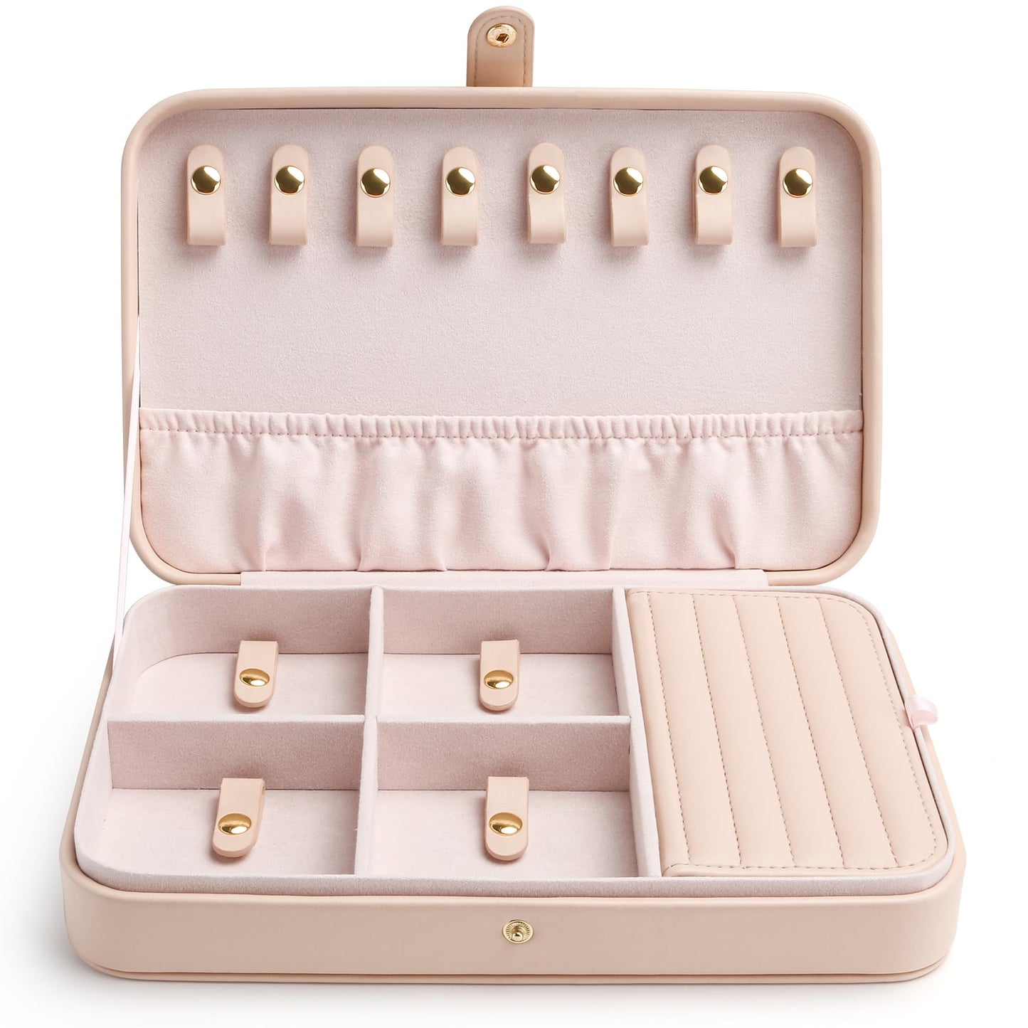 VELORIA PU Leather Travel Jewelry Organizer with 8 Snap Clasps, Elastic Pouch, Hidden Compartment, Compact Jewelry Case for Necklaces, Earrings, Bracelets and Bangles, Cloud Pink