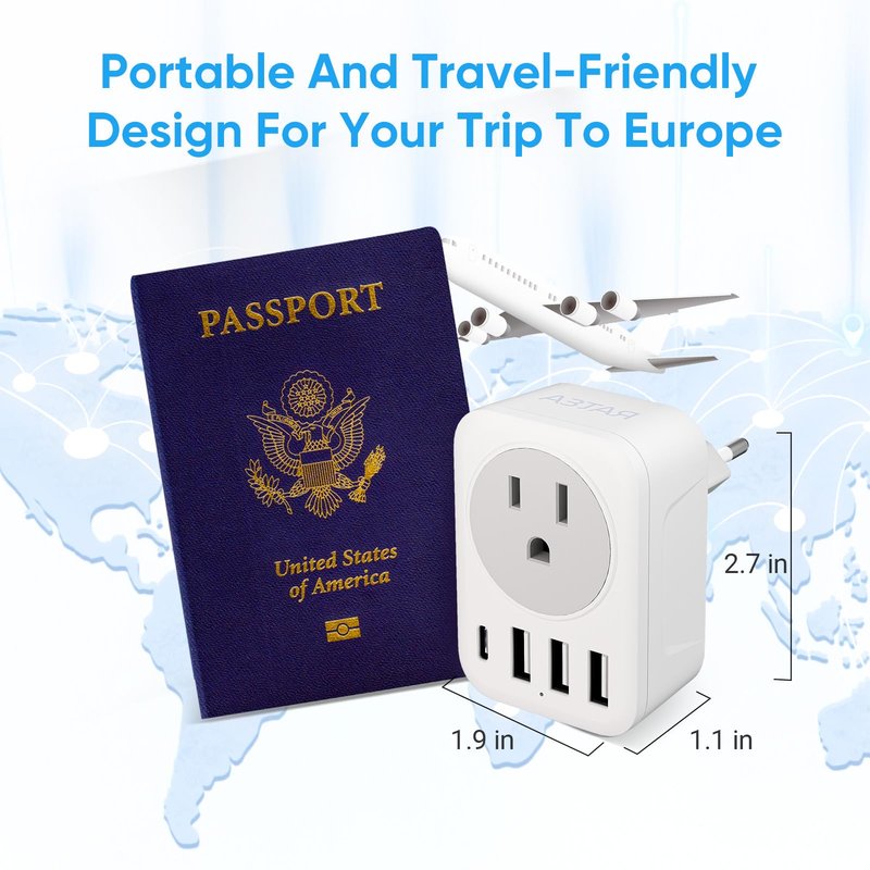 [2-Pack] European Travel Plug Adapter, RATEA International Power Plug Adapter with 3 USB Type A, 1 Type C Outlet Adaptor Charger for US to Most of Europe EU Spain Italy France Germany