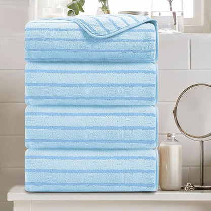4 Piece Blue Cabana Stripe Large Bath Towels 35"x70" Oversized Bath Sheet Super
