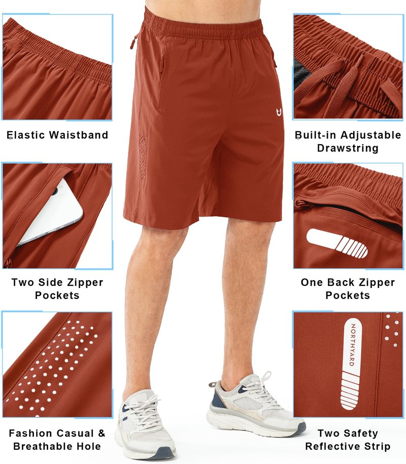 NORTHYARD Men's Athletic Running Shorts Gym Workout 7"/9"/5" Quick Dry Lightweight Sports Basketball Tennis 3 Zipper Pockets REDCLAY-9inch L