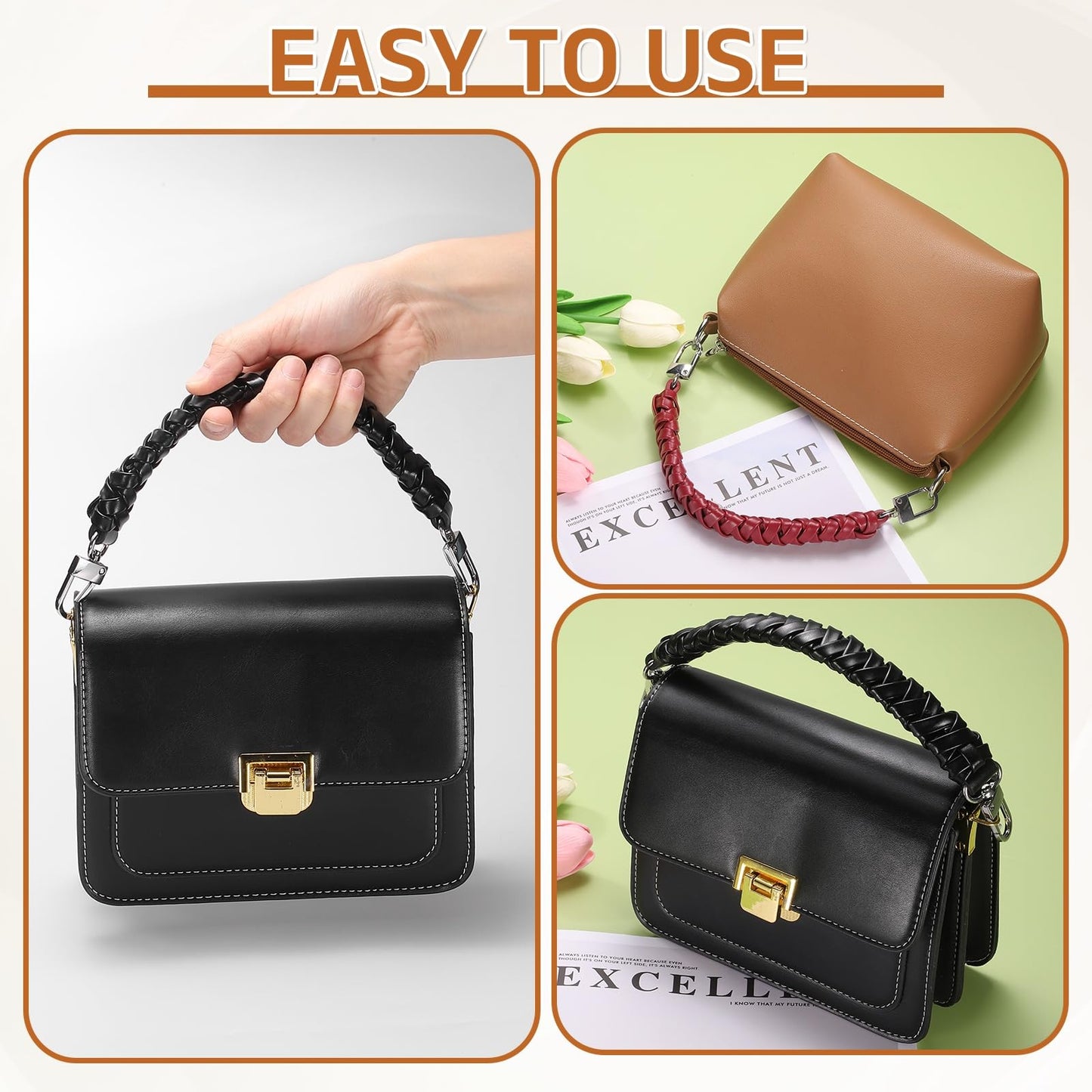 uxcell Leather Braided Purse Handle, 1Pc 31cm/12.2" Short Black Leather PU Braided Purse Strap Replacement Handle with Black Buckles for Underarm Bags, Handbags, Bucket Bags