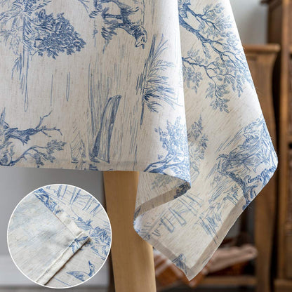 GLORY SEASON Rustic Tablecloth Classic French Village Printed Linen Fabric Table Cover Farmhouse Decoration 55x102 Inches Rectangle/Oblong Blue for Kitchen Dining