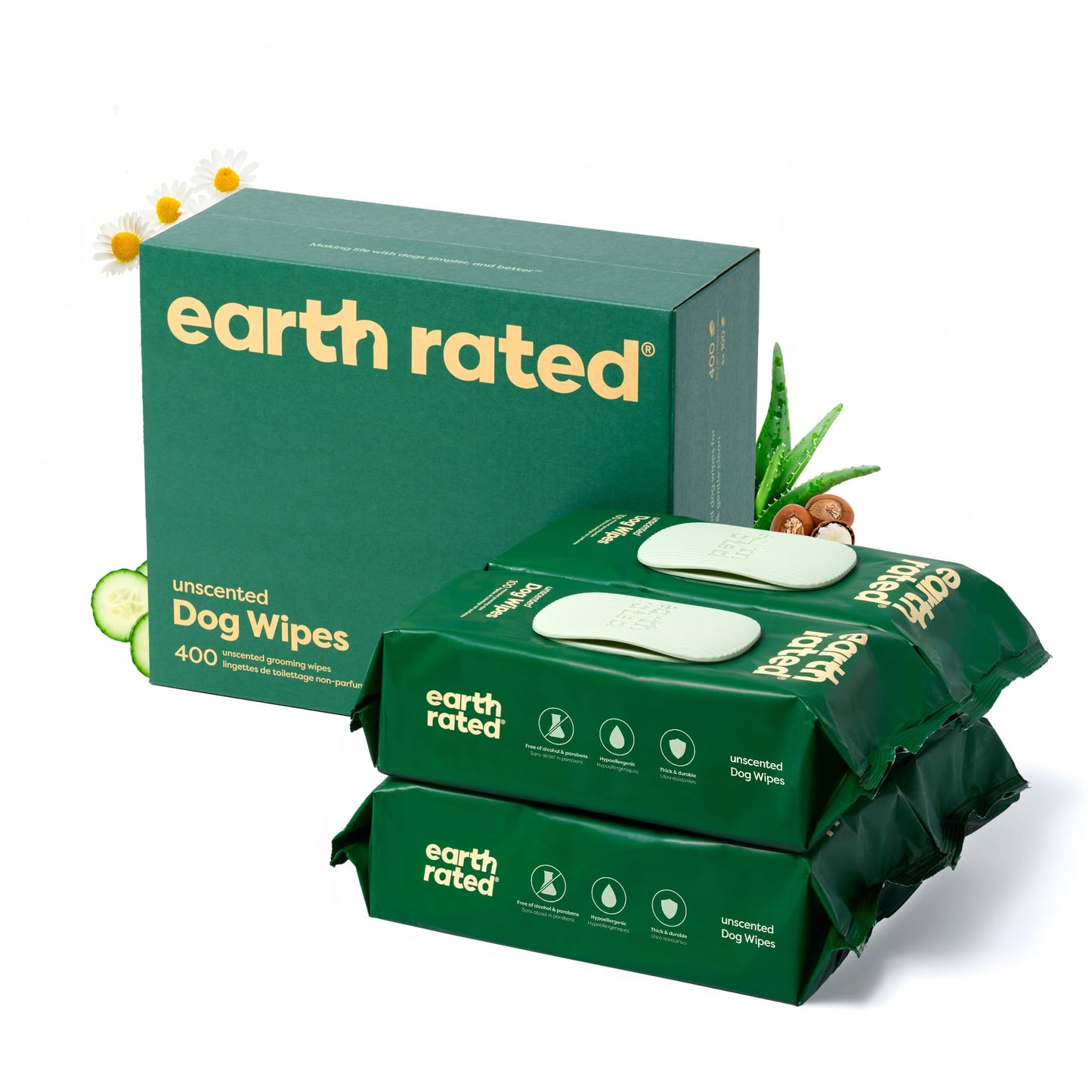 Earth Rated Pet Wipes for Dogs and Cats, Hypoallergenic, Cleaning and Hydrating, for Grooming Paws, Body and Butt, Unscented, 400 Count
