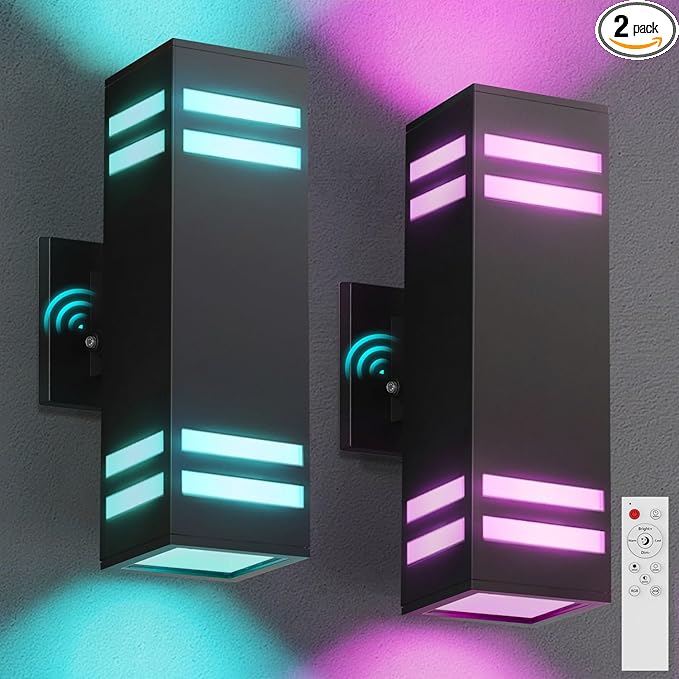 Outdoor Smart Wall Lights 2 Pack, Aluminum Exterior Lighting Fixtures Dusk to Dawn Color Changing Outdoor Lights with Matte Black Finish for Outside Decor, DIY Lighting Effects