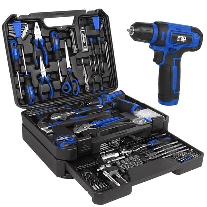 Prostormer Tool Set with 8V Cordless Drill, 369-Piece Home Tool Kit with Drill Driver, Toolbox Storage Case with Drawer, General Household Tools for Home Repairs and DIY, Handyman (Blue)
