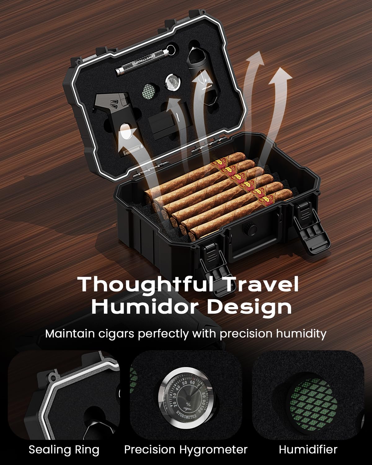 Cigar Humidor Set with 5-in-1 Cigar Lighter, V Cutter, Cigar Holder, Cigar Draw Enhancer, Humidifier&Hygrometer, Portable Travel Cigar Humidor Box, Cigar Accessories Cigar Case, Cigar Gifts for Men