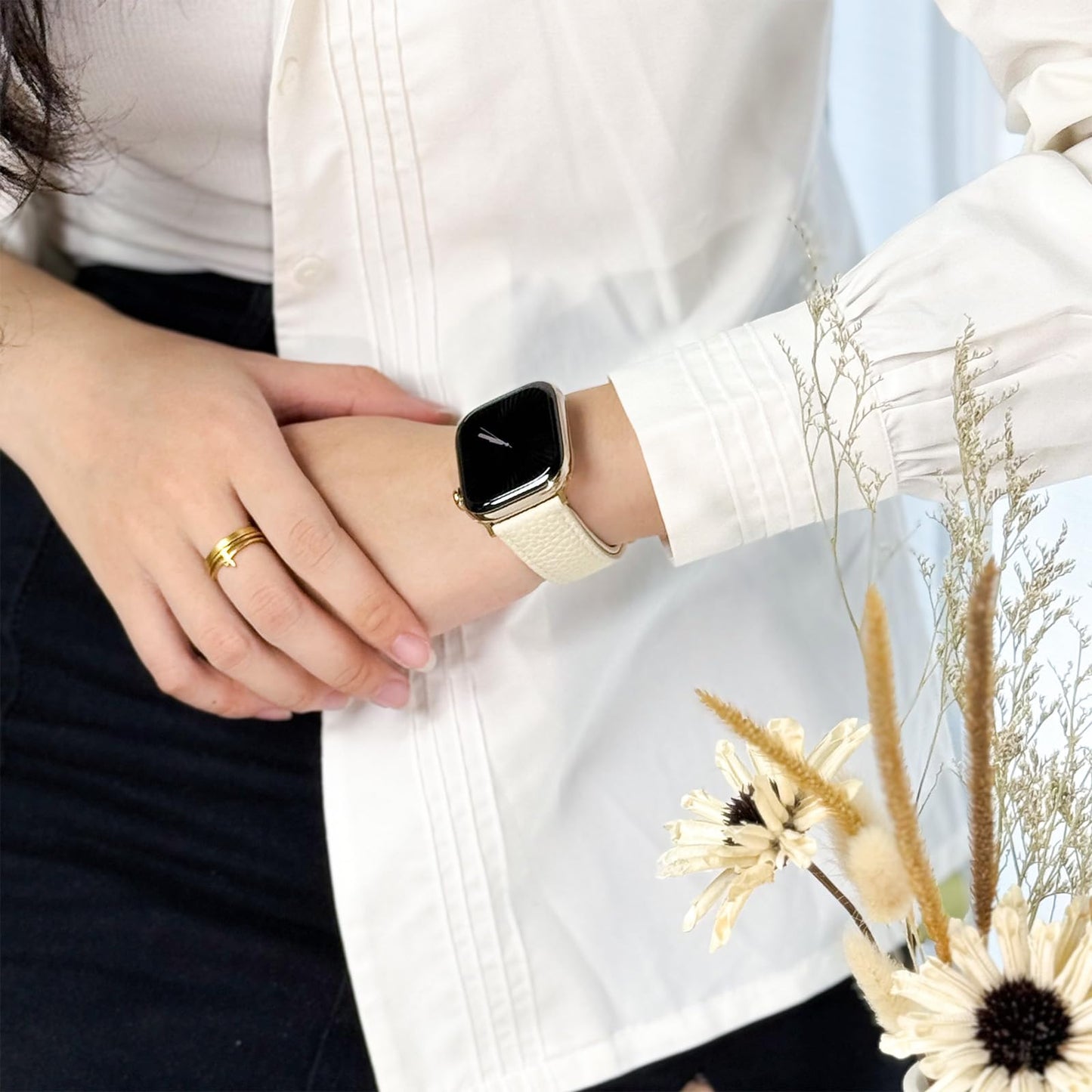 Leather Band Compatible with Apple Watch BandUltra 2 1 Series 10/9/8/7/6/5/4/SE,H-Shaped Buckle strap for iWatch 38/40/41/42/44/45/46/49mm Women Men (White Band + Gold H Buckle, 38mm 40mm 41mm 42mm)
