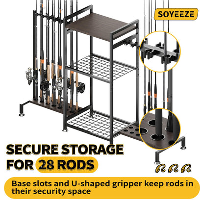 SOYEEZE Fishing Rod Holder for 28 Rods, Ground Stand Fishing Pole Holders for Garage, 3-Sided Vertical Fish Rod Rack for Tackle Box, Fishing Supplies,a Display Fish Gear Storage Gift for Man