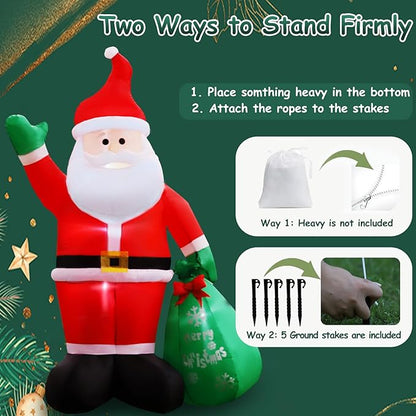 8FT Christmas Inflatables Santa Claus with Gifts Bag Inflatable Christmas Outdoor Decoration IP44 Xmas Blow up Santa Claus with Built-in 4 LED Lights Large Blow up Santa for Outdoor、Indoor、Yard Party