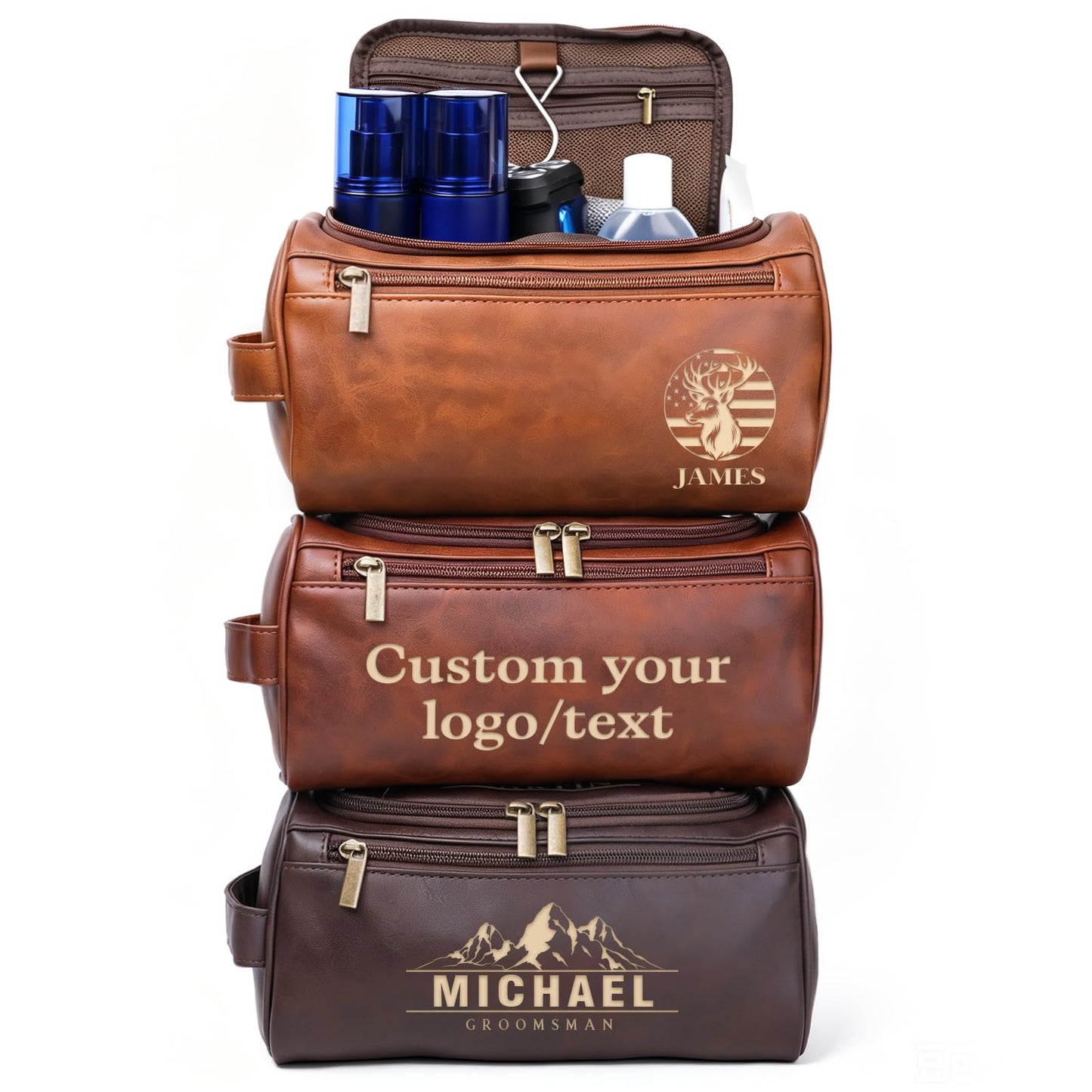 Aeekdook Personalized Toiletry Bag for Men - Engraved Name/Logo, Waterproof PU Leather Dopp Kit with Hanging Multi-Compartment, Unique Gifts for Men Husband Groomsmen Boyfriend Birthday Father's Day
