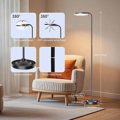 36W LED Floor Lamp, Upgrade Super Bright Standing Lamp, Modern Stepless Dimmable Torchiere Tall Lamp with Remote Control, 350°Rotating Head Reading Floor Lamp for Living Room, Bedroom, Office