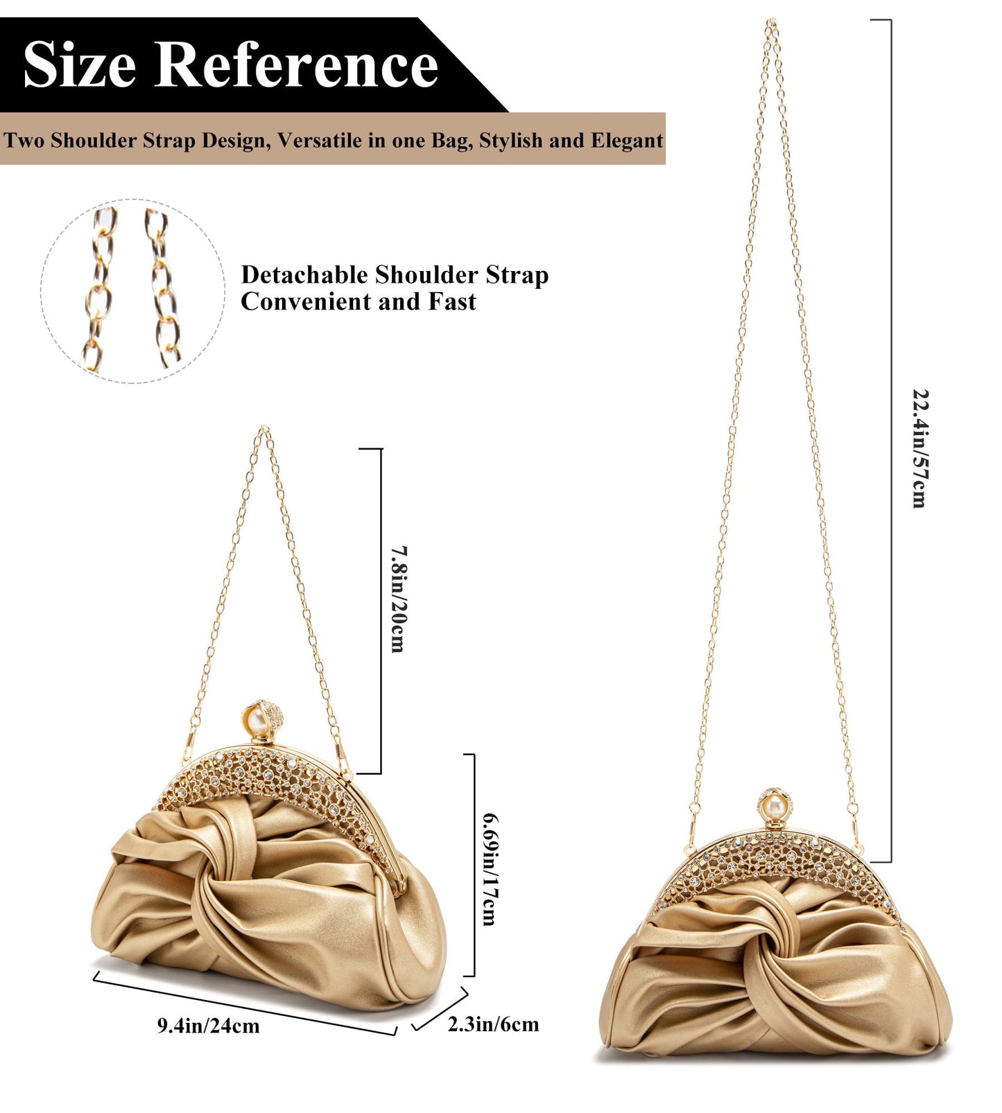 Sweetovo Rhinestone Evening Clutch Purse for Women, Sparkly Party Shoulder Handbag Wedding Bag with Chain (Gold)