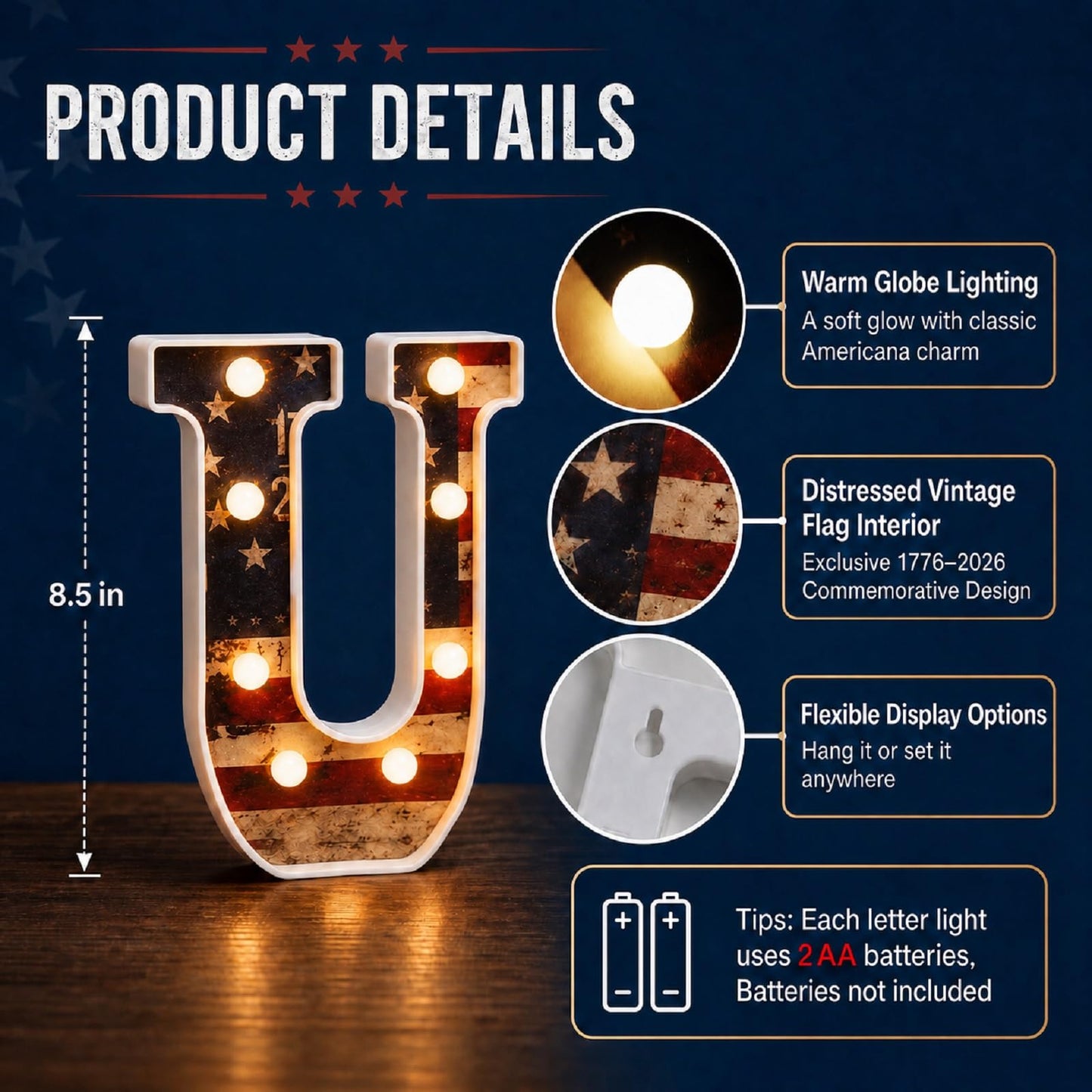 7 Pcs 8.5" USA 250th Anniversary Light Up Marquee Letters Sign, 1776–2026 American Flag Large LED Letters, Patriotic 4th of July Independence Day Decorations for Home Decor, Table Centerpiece & Party
