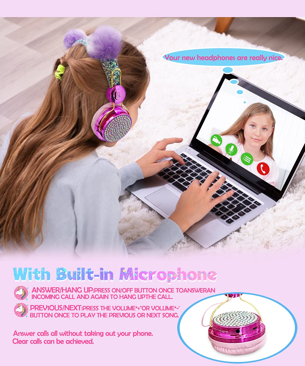SVYHUOK Cat Ear Wireless Headphones for Kids with Mic, Bluetooth Over Ear Headset for School Cellphone Smartphones Laptop PC LED Light,Wired Headset for School Home (Violet Ball)