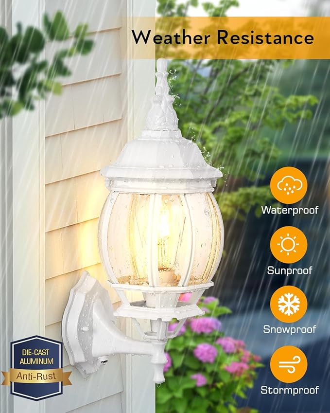 VIANIS White Dusk to Dawn Porch Light, Outdoor Sconces Wall Lighting Lantern, 100% Aluminum Outside Light Fixtures for House, Waterproof LED Exterior Garage Lights Wall Mount Lamp for Entrance 2-Pack