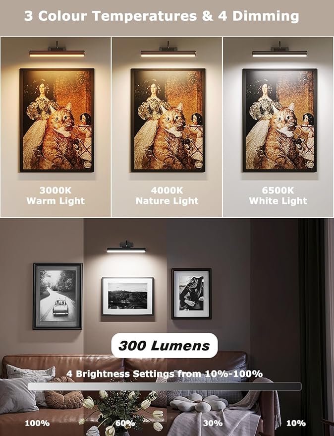 Picture Light, Wireless Picture Light with Remote, Battery Operated 5000mAh, 3 Color Modes and Dimmable LED Lights with Timer for Paintings, Gallery, Wall, Dartboard, Bedroom (Black-1Pack)