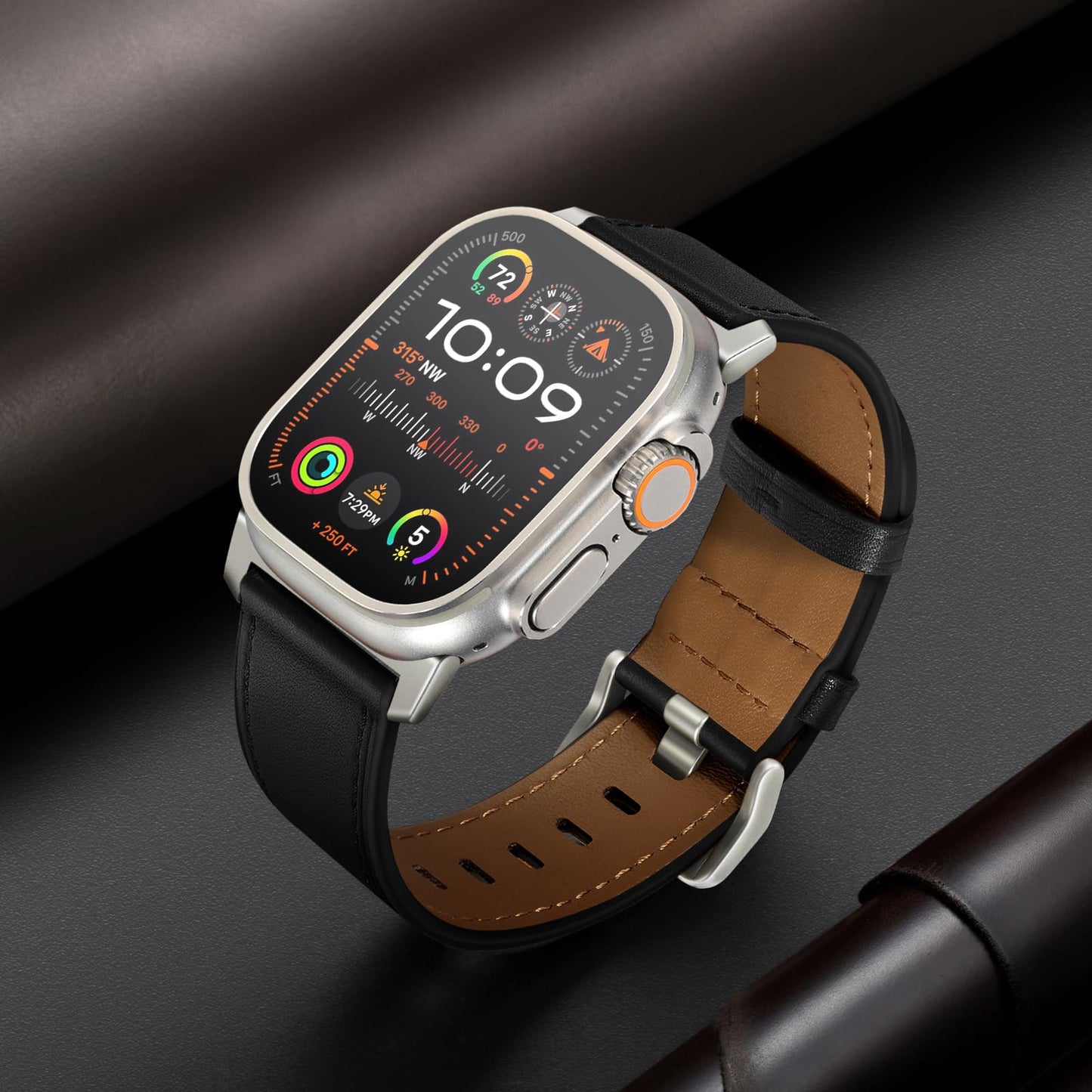 UUPWPOKT Leather Band Compatible with Apple Watch Ultra 3/2/1 Band 49mm 46mm 45mm 44mm 42mm Men, Genuine Leather Strap for iWatch Ultra Series 11 10 9 8 7 6 5 4 3 2 1 SE 3/2/1, Black/Titanium