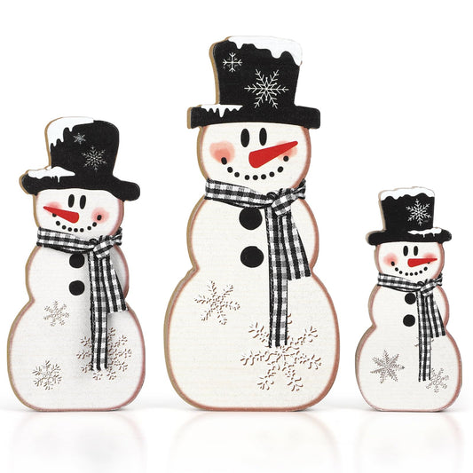 3 Pcs Christmas Snowman Table Decor Wooden Snowman Tables Centerpieces Block Winter Wood Tabletop Sign Rustic Merry Xmas Decorations Indoor for Tiered Tray Office Desk Shelf Home Mantel Holiday Party