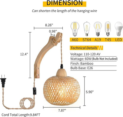 Frideko Bamboo Lantern Plug in Wall Sconces Wicker Wall Lamp with Plug in Cord Hand Woven Rattan Wall Light Farmhouse Rustic Wall Sconces Boho Sconces Wall Lighting for Living Room Bedroom