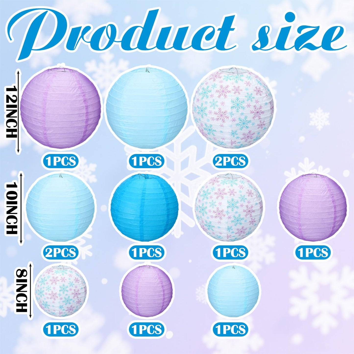 MotiMind 12 Pcs Snowflake Hanging Paper Lanterns Snowflake Princess Party Decors White Blue Purple Round Lantern for Snow Wonderland Birthday Party Supplies Baby Shower Home Winter Decor