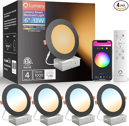 Lumary Black Smart WiFi Recessed Lights 6 Inch, Color Changing LED Recessed Lights with J-Box 13W 1000LM, Dimmable Canless Wafer Downlight, Compatible with Alexa/Google Assistant, ETL Listed, 4 Pack