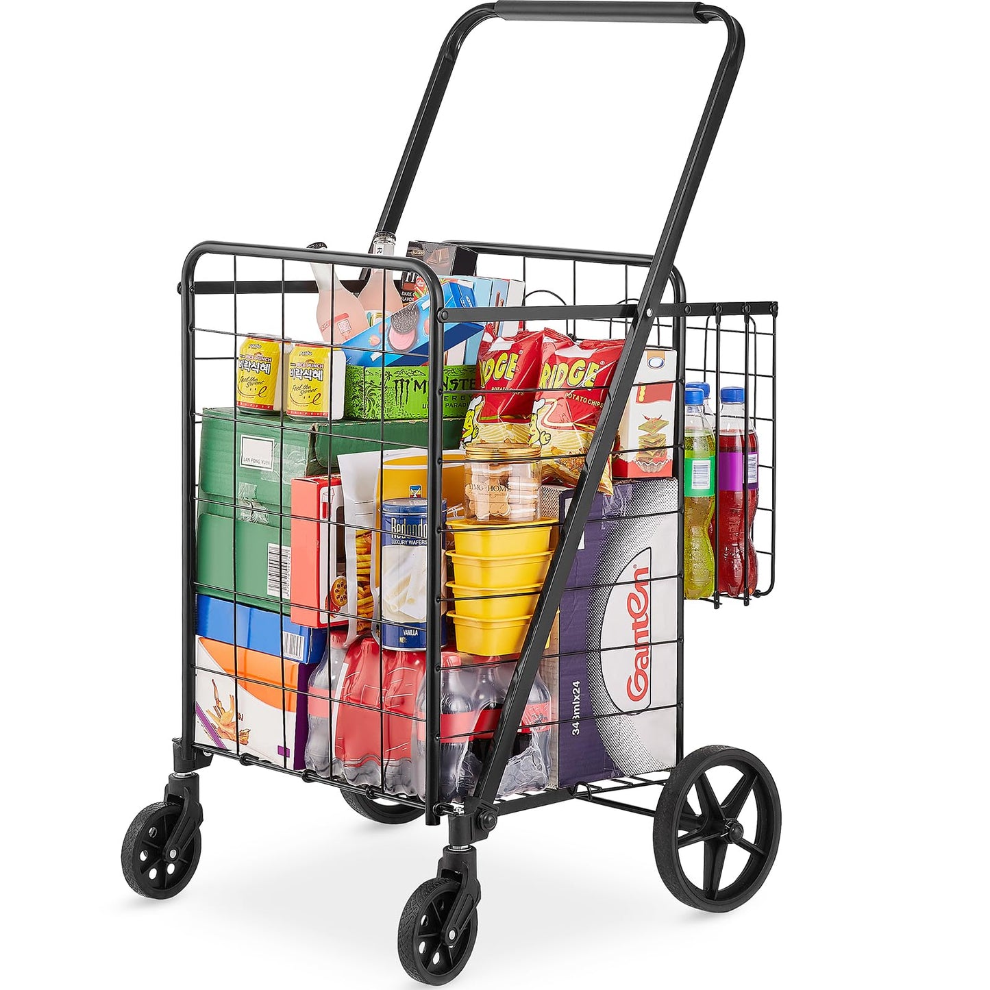 VEVOR Folding Shopping Cart, Jumbo Grocery Utility Cart with Double Baskets, 360° Swivel Wheels, 110 LBS Large Capacity Heavy Duty for Laundry, Shopping, Grocery, Luggage, Black