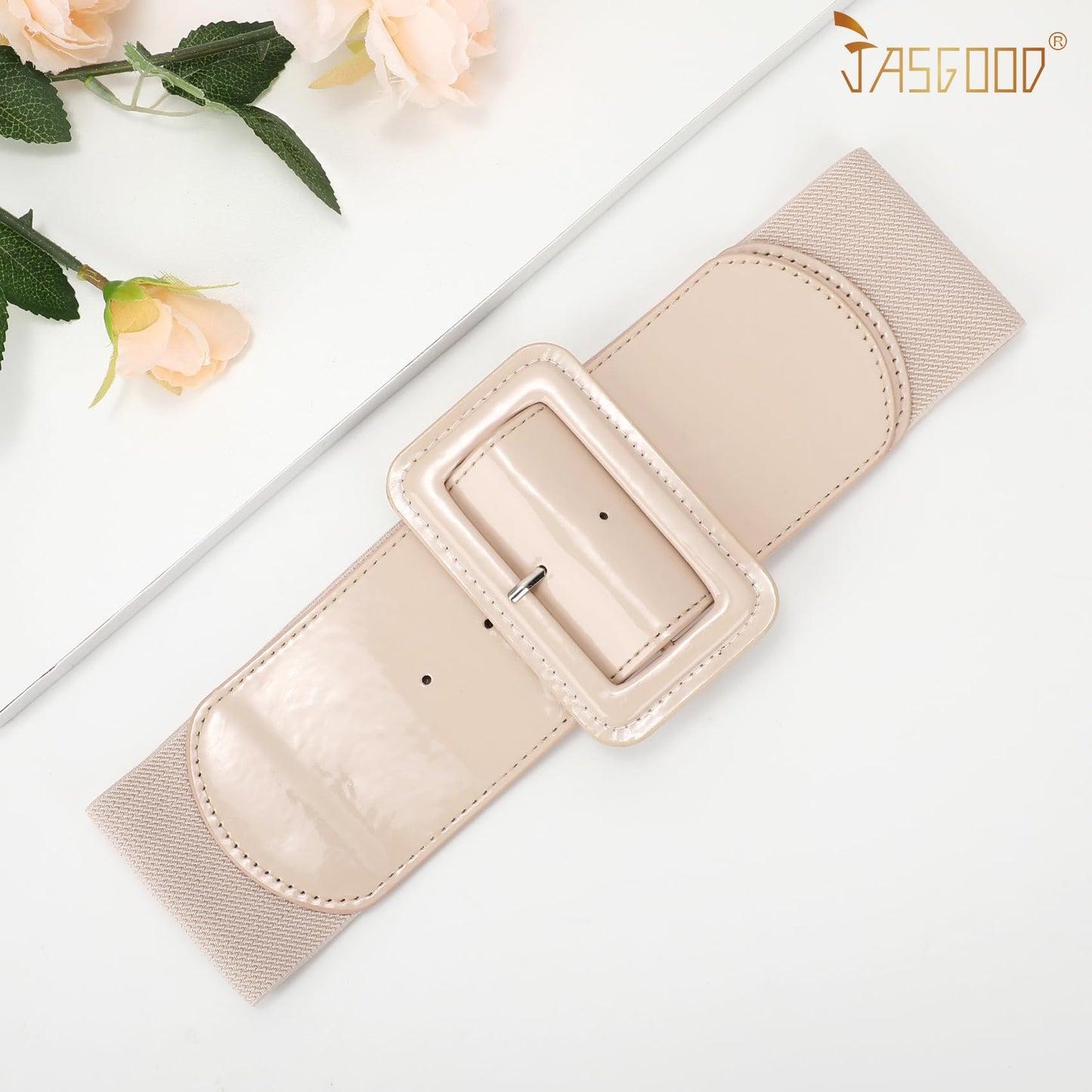 JASGOOD Women Wide Stretchy Belt Vintage Elastic Waist Belt for Dresses Fashion Ladies Waist Patent Leather Belt with Square Buckle