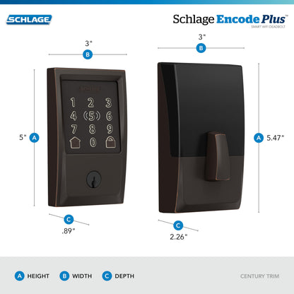Schlage BE499WB CAM 619 Encode Plus WiFi Deadbolt Smart Lock, Keyless Entry Touchscreen Door Lock with Camelot Trim, Satin Nickel