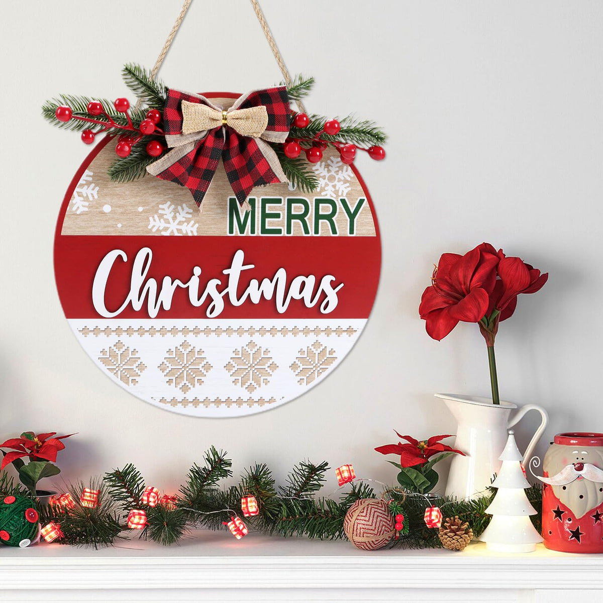 HOURIA 3D Merry Christmas Front Door Sign,11.5” Red Buffalo Plaid Christmas Wreaths with Snowflake Bow Red Berry Rustic Farmhouse Xmas Holiday Welcome Door Decorations for Home Indoor Outdoor Party