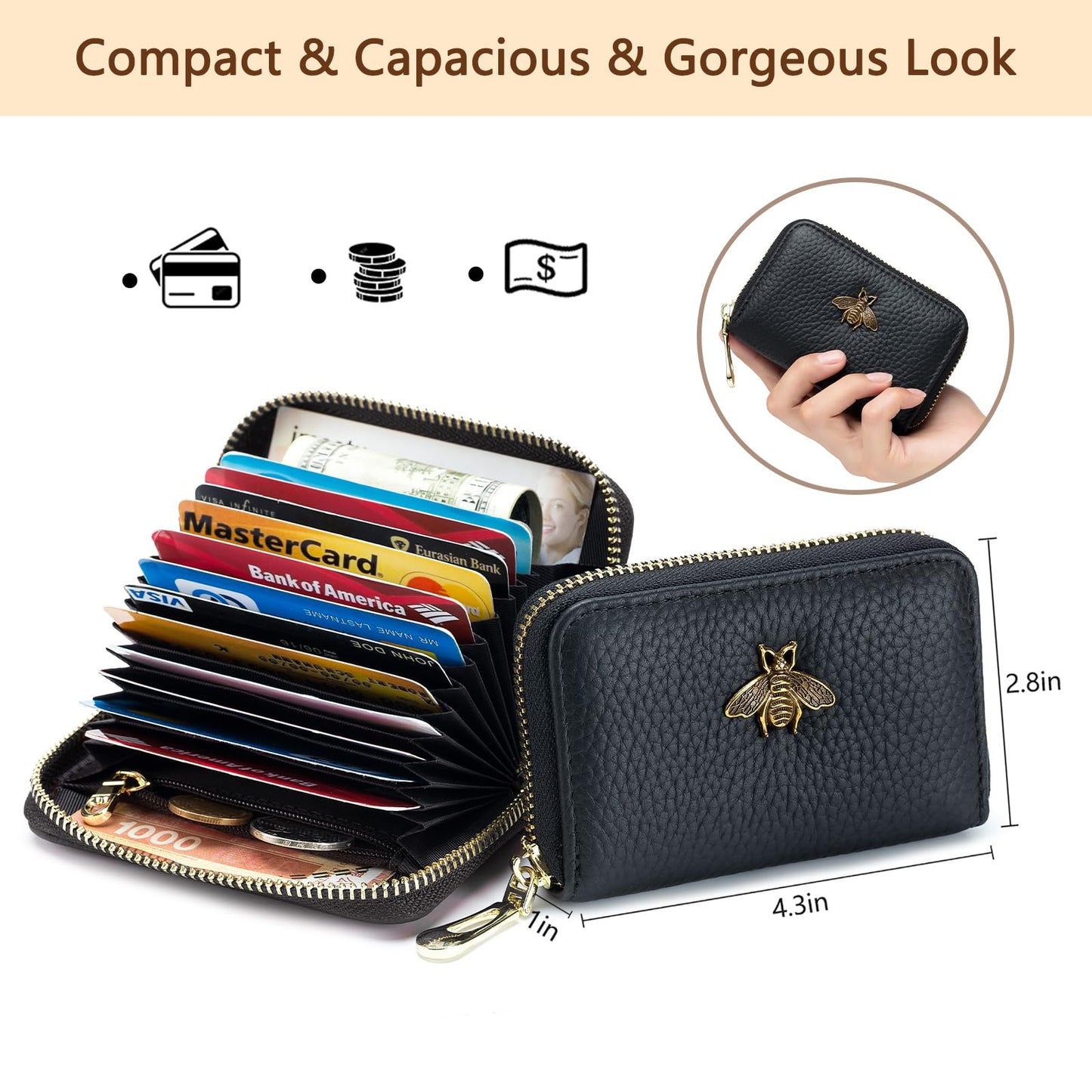 imeetu RFID Credit Card Holder, Small Leather Zipper Card Case Wallet for Women (Lite,Blue)
