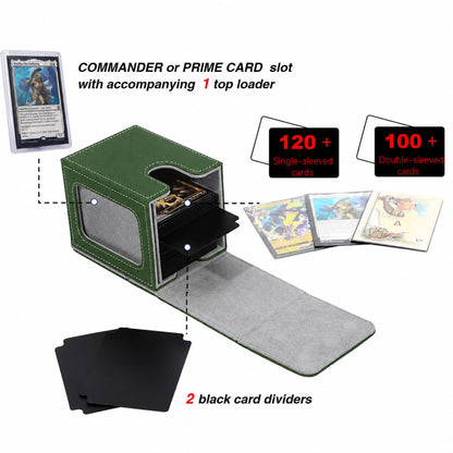 Venssu MTG Deck Box for Commander Display,Card Deck Box Fits 100 Double Sleeved Cards, TCG Card Storage (Green and Grey, 1 window)