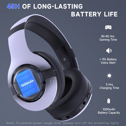 Gtheos Wireless Gaming Headset for ps5, ps4, Elden Ring, PC, Mac, Switch, Bluetooth 5.3 Gaming Headphones with Noise Canceling Microphone, 45H Battery, RGB Light, White