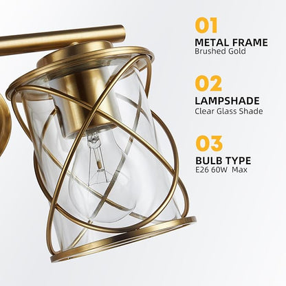 mavcadonf Bathroom Vanity Light Fixtures Over Mirror, 4 Lights Modern Bathroom Wall Lamp for Mirror Kitchen Living Room Hallway Cabinet Porch, Farmhouse Wall Lights with Cage Shade, Brushed Gold