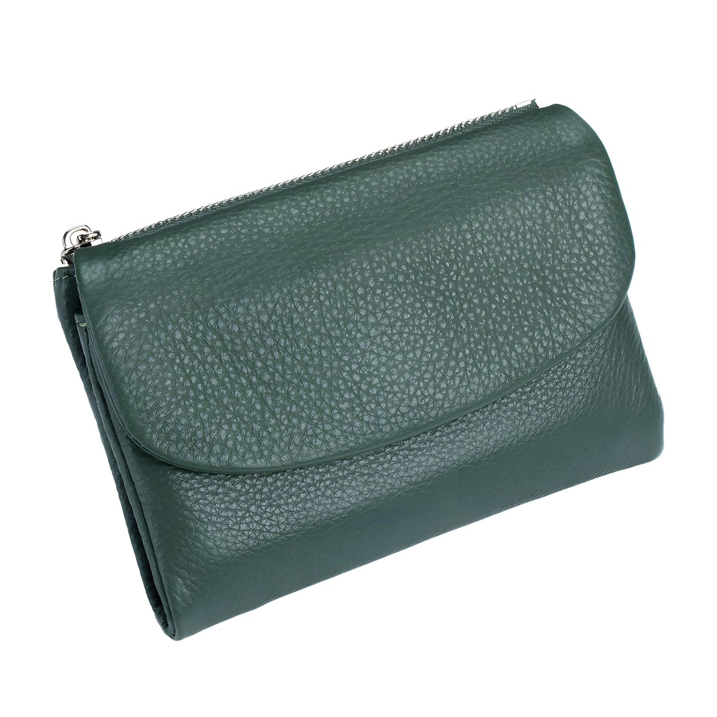Unisex Pebble Leather Wallet, 5.3In Short Genuine Leather Coin Card Holder, Two zippered pockets, Unisex Clutch Bags, Can Hold Coins, Cards, Id Cards (Green)
