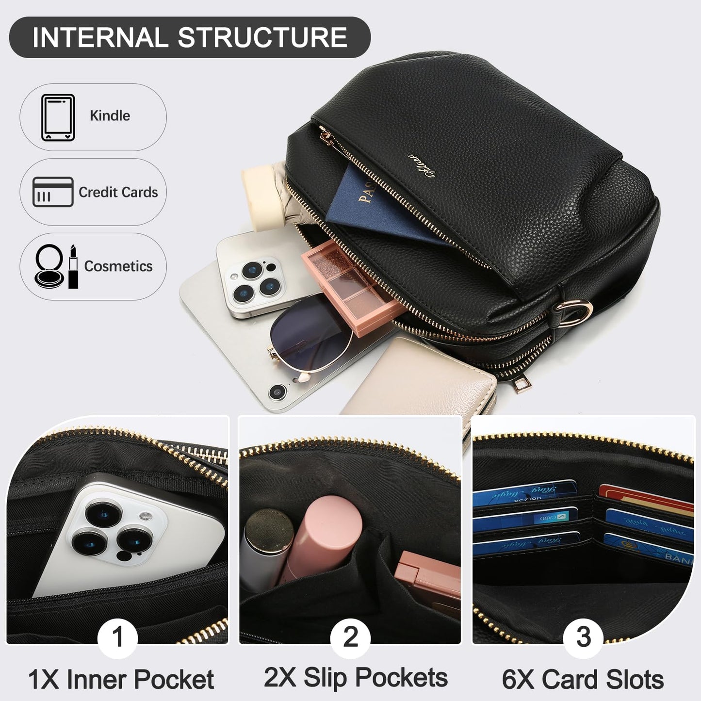 HILAEX Crossbody Bag for Women Leather Purse Anti Theft Multi Pockets Wide Adjustable Strap Shoulder Handbag RFID Blocking Black