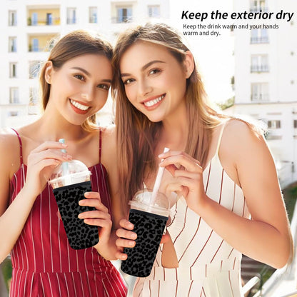 AMZXCFGL 3 Pack Reusable Neoprene Insulator Sleeve for Iced Coffee Cups, Cute Funny Coffee Cup Sleeve, Universal Fit 16-32oz Cups for Hot Cold Beverages Cute Black Leopard