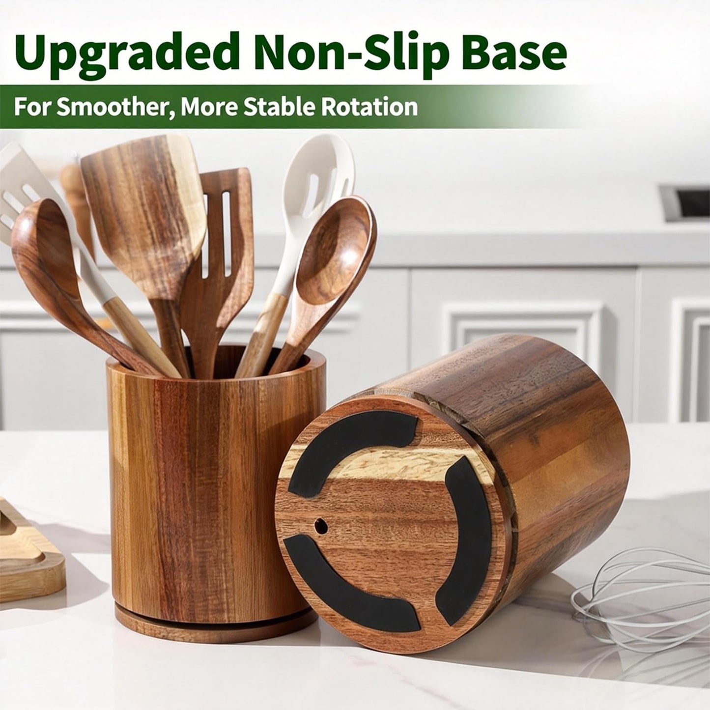 gorsent Wooden Utensil Holder, 360°Rotating 7.3'' Large Utensil Holder for Kitchen Counter, Kitchen Utensil Organizer, Utensil Crock, Farmhouse Kitchens Countertop Decor, Walnut-finish