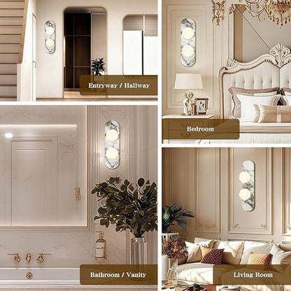 Natural Marble Wall Sconce with Alabaster Glass Globe, Modern Hardwired Wall Light Fixture for Bedroom, Bathroom, Dining Room, Hallway, Stairs (2-Light Sconce)