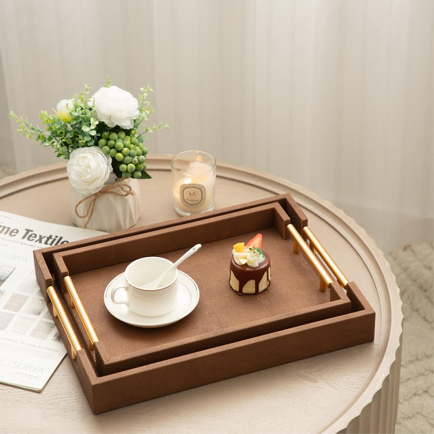 UPPER DECOR Set of 2 Decorative Tray Brown Shagreen Leather Tray, Modern Rectangle Serving Trays with Gold Polished Metal Handles, Ottoman Coffee Table Perfume Kitchen Trays Home Decor