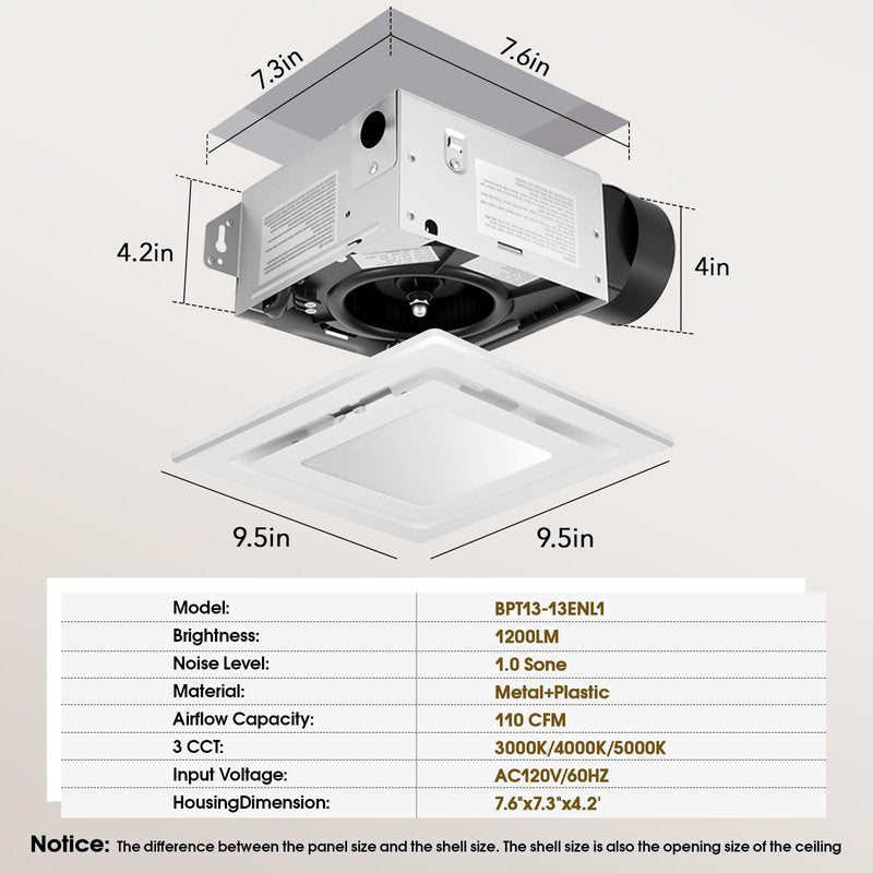 FEITON Bathroom Exhaust Fan with Light (3000K/4000K/5000K), Ceiling Mount, 110 CFM 1.0 Sones, Quiet Square Bath Fan Light Combo(Metal housing, 4 Inch Duct, Ceiling Opening Size: 7.6 x 7.3 Inches)