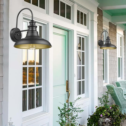 Dusk to Dawn Sensor Outdoor Barn Light Fixture, 12.3 Inch Dome Outdoor Wall Sconce Farmhouse Wall Mount Lights Exterior Gooseneck Light Fixture Black Finish Industrial Wall Lantern for Porch, 2Pack