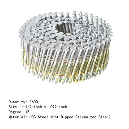 marddpair 15 Degree Coil Siding Nails 1-1/2-Inch x .092-Inch Collated Wire Coil Nails Full Roundhead Hot-dipped Galvanized 3600 Count