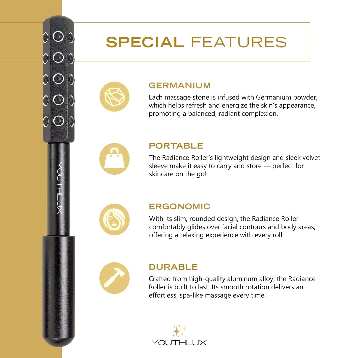 Radiance Roller - Germanium Stone Uplifting Face Beauty Massage Tool/Roller/Wand for Skin Tightening, De-Puffing, Sculpt/Lift, Anti-Aging | Uplift Face Roller, Facial Roller (Rose Gold)