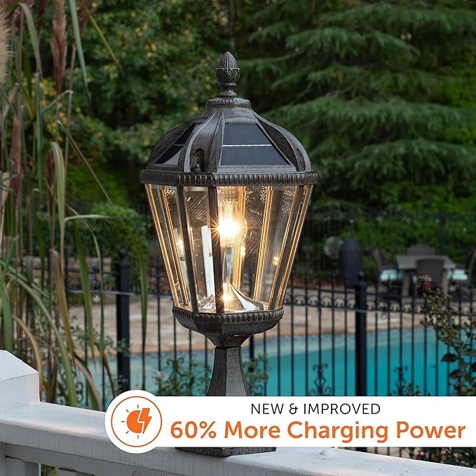 Gama Sonic Outdoor Solar Post Light with Pier Base, Weathered Bronze Finish Aluminum and Beveled Glass, Royal Bulb 150 Lumens Warm White LED, Mount on Column or Flat Surface 98B311, Upgraded Panel