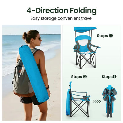 HIGH POINT SPORTS Camping Chairs with Shade, Heavy Duty Canopy Lounge Chair Sunshade Hiking Travel Chair with Cup Holder for Outdoor, Camping, Beach and Patio, Enamel Blue
