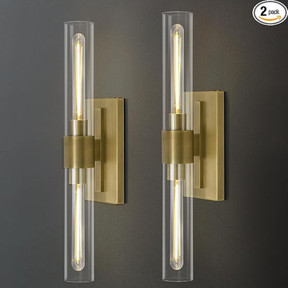 Brass Wall Sconces, 22.8" Bathroom Wall Sconce, Gold Wall Sconces Set of 2, 2-Light Dimmable Wall Sconce, Sconces Wall Lighting With Glass, Bathroom Vanity Light, Tube Sconce for Living Room, Hallway