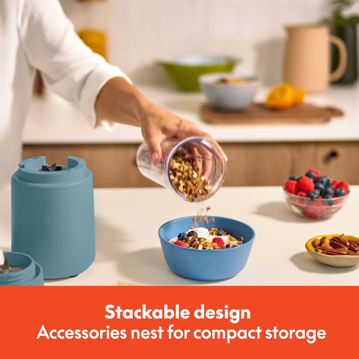 bella 6 Pcs Portable Rocket Blender, Juicer & Smoothie Maker, Press & Twist Design, EverGood™ & BPA Free Dishwasher Safe Parts, 4 Tip Stainless Steel Blade, Cord Wrap, 240 Watt Motor, Oatmilk
