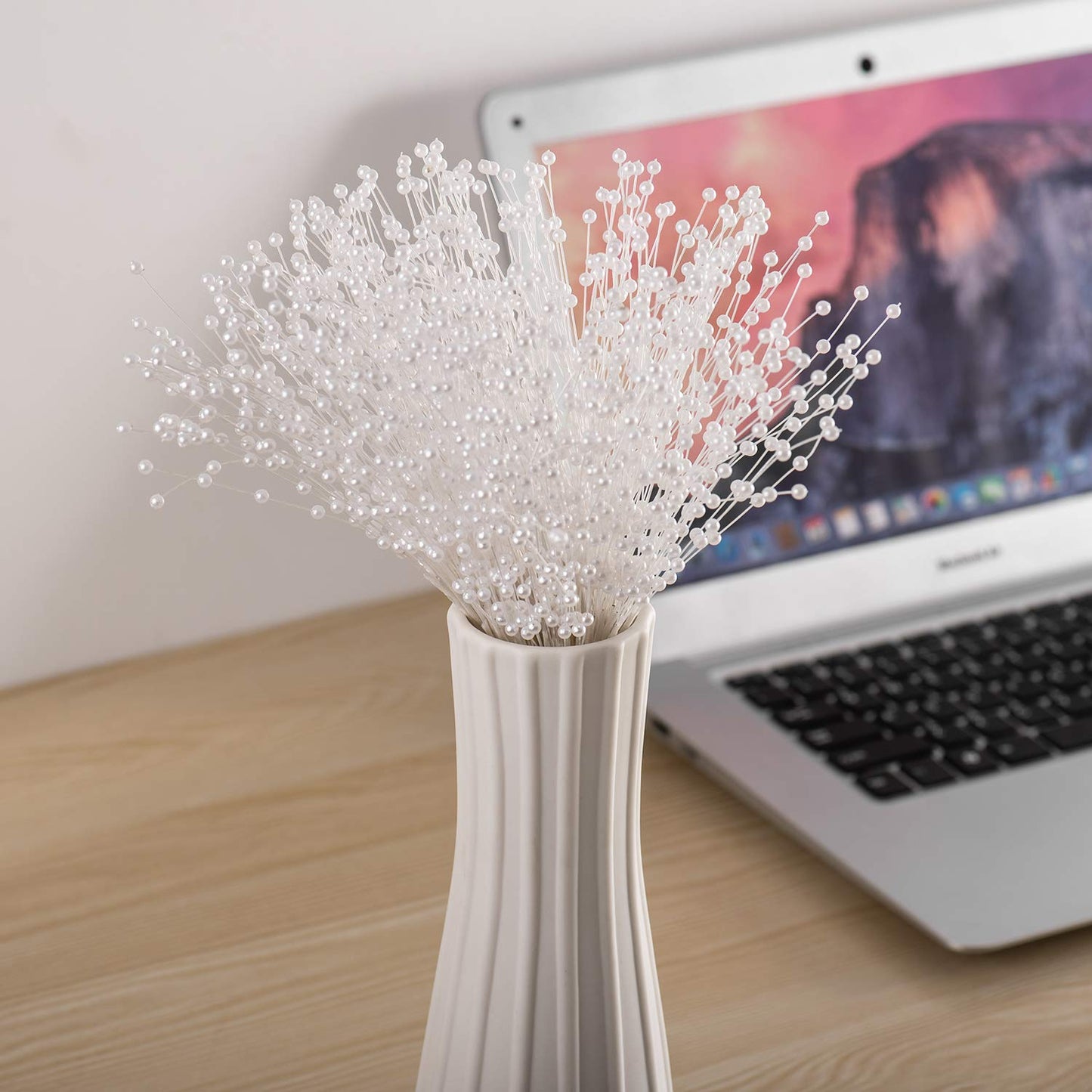 60 Pieces Pearl Stick Stems Bouquets, 4mm Bead String Garland Beaded Spray Filler Floral Arrangements Tree Picks Wedding Party Decoration, Mother's Day Flower Decor, Christmas Tree Picks (White)