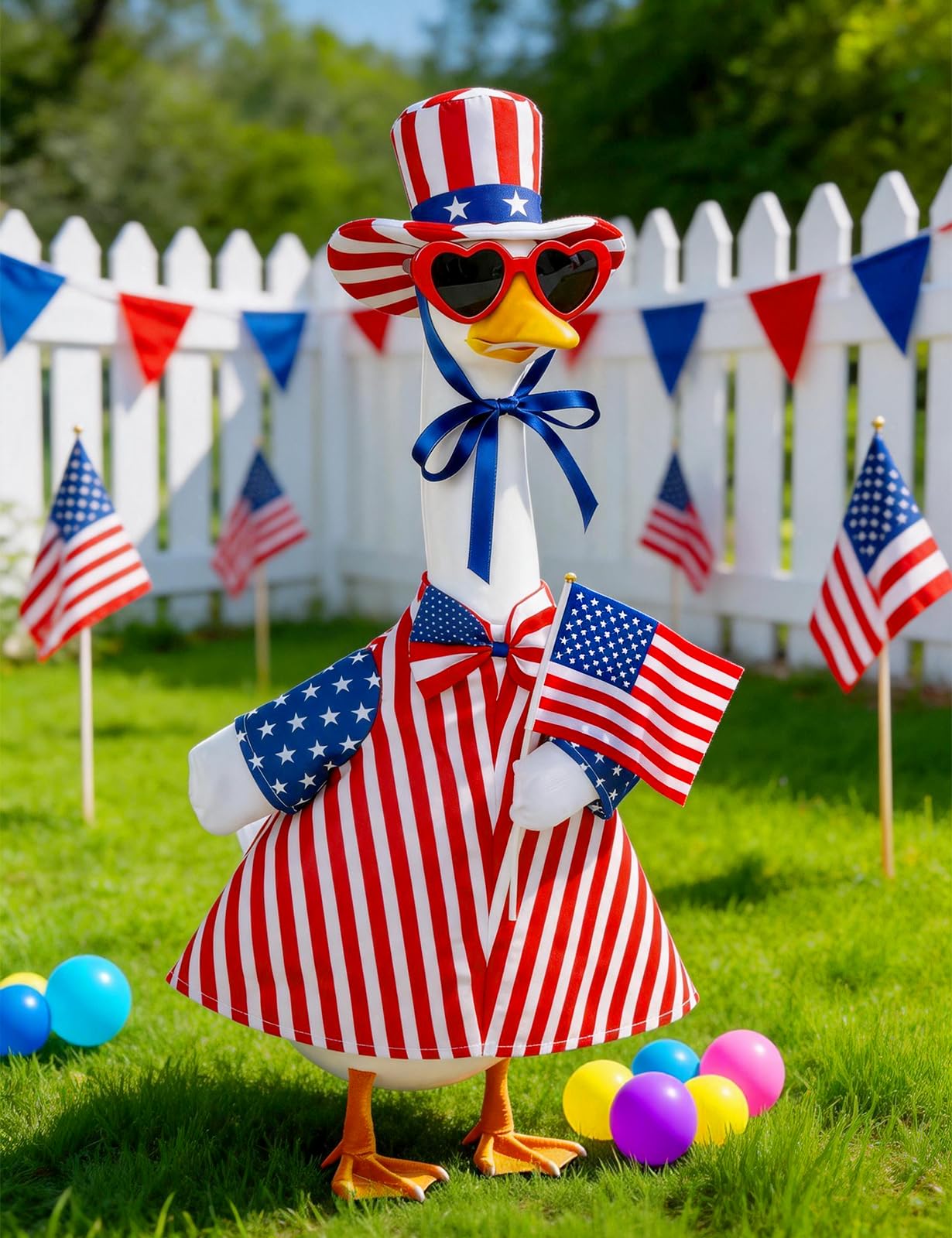 bomis 4th of July Patriotic Porch Goose Outfits for 23 Inch Lawn Statue – Independence Day Goose Costume with Red Heart Sunglasses, Star Stripe Hat, Handheld American Flag, US 250th Anniversary Decor